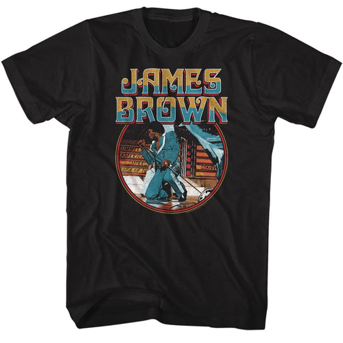 Black James Brown t-shirt featuring James Brown Kneel Circle design