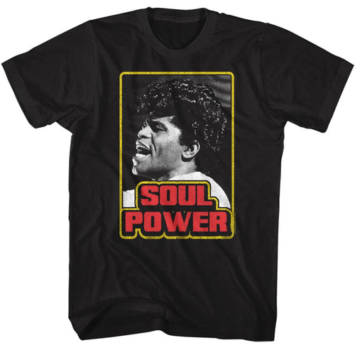 Black James Brown t-shirt featuring James Brown Soul Power design