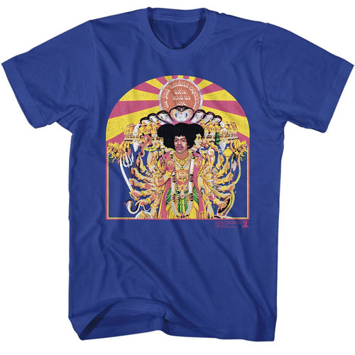 Royal blue Jimi Hendrix t-shirt featuring Jimi Hendrix Axis Cover design