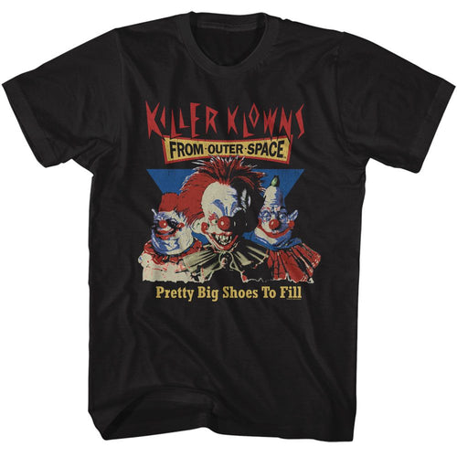 Black Killer Klowns from Outer Space t-shirt featuring Killer Klowns Pretty Big Shoes To Fill design