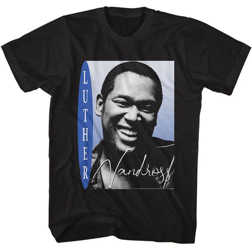 Black Luther Vandross t-shirt featuring Luther Vandross Smiling Photo design