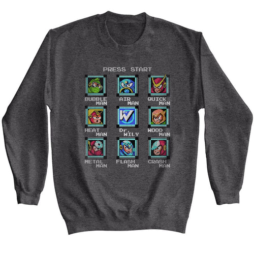 Dark heather Mega Man sweatshirt featuring Mega Man stage select screen design