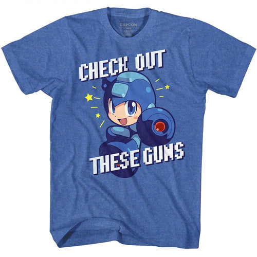 Royal heather Mega Man t-shirt featuring Mega Man Check It Out design
