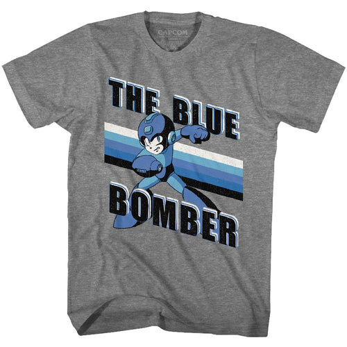 Graphite heather Mega Man t-shirt featuring Mega Man Blue Bomber Stripes design