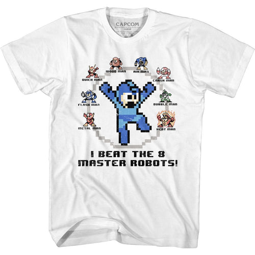 White Mega Man t-shirt featuring Mega Man 8 Master Robots design