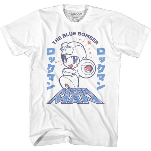 White Mega Man t-shirt featuring Mega Man Blue Bomber design