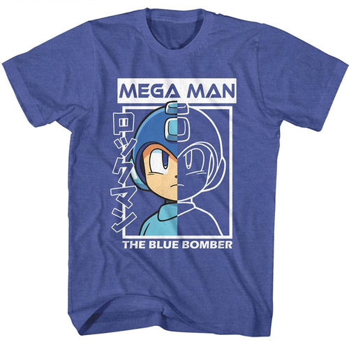 Royal heather Mega Man t-shirt featuring Mega Man Half Color Half Outline design