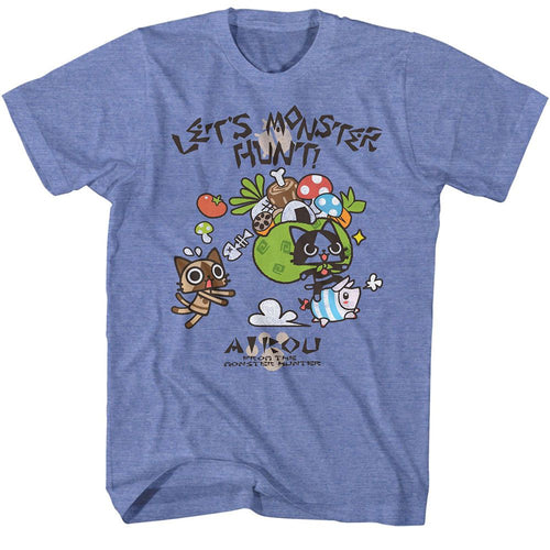 Light blue heather Monster Hunter t-shirt featuring Monster Hunter Airou Hunter design