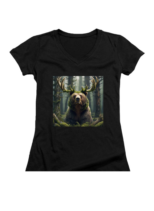 Black Majestic Bear Juniors V-Neck T-Shirt