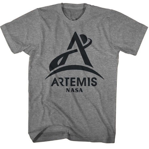 Graphite Heather NASA t-shirt featuring an Artemis one-color design