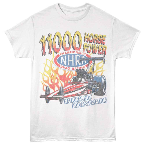 White NHRA t-shirt featuring an NHRA 11K Horsepower design
