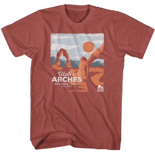 Terracotta National Parks t-shirt featuring a Utah's Arches design