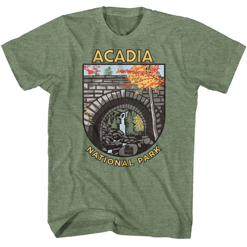 Military Green Heather National Parks t-shirt featuring an Acadia design