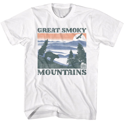 White National Parks t-shirt featuring a GSM Bear and Mountains design