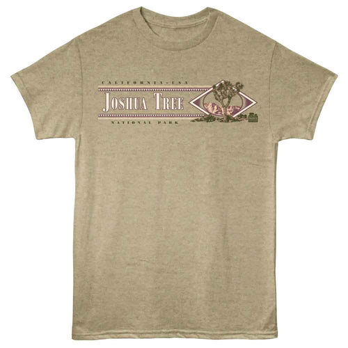 Khaki Heather National Parks t-shirt featuring a Joshua Tree retro design