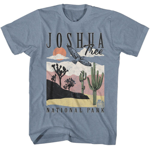 Indigo Heather National Parks t-shirt featuring a Joshua Tree landscape with cacti design