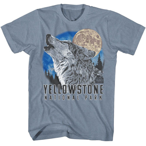 Indigo Heather National Parks t-shirt featuring a YNP howling wolf design