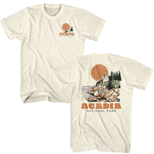 Natural National Parks t-shirt featuring an Acadia front and back design