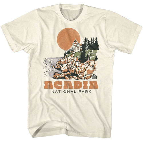Natural National Parks t-shirt featuring an Acadia drawn lighthouse design