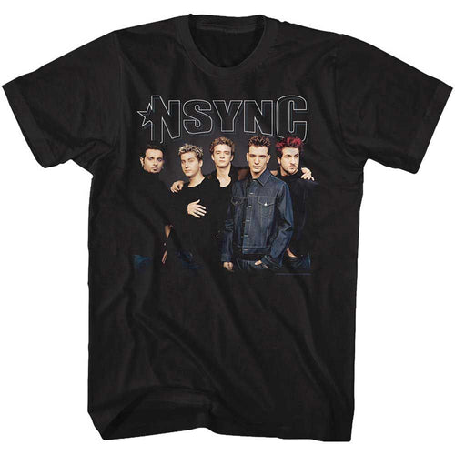 Black NSYNC t-shirt featuring an NSYNC stark group shot design