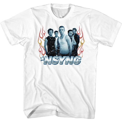 White NSYNC t-shirt featuring an NSYNC Flames design