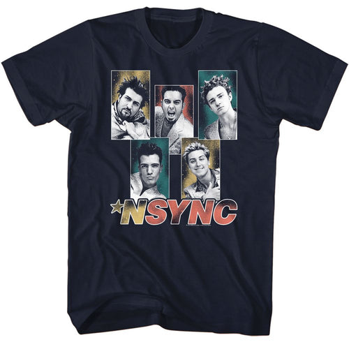 Navy NSYNC t-shirt featuring an NSYNC sparkly boxes design