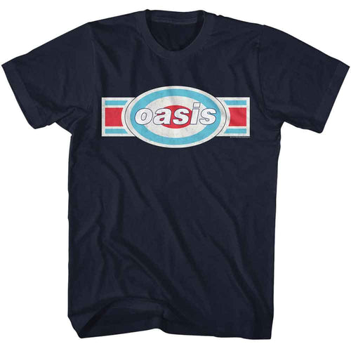 Navy Oasis t-shirt featuring a tri-color chest logo design