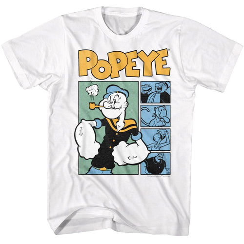 White Popeye t-shirt featuring a Popeye Boxes design