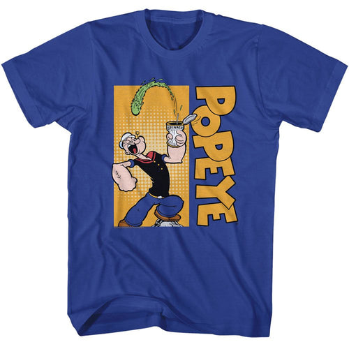 Royal Blue Popeye t-shirt featuring a Popeye Vertical Logo design