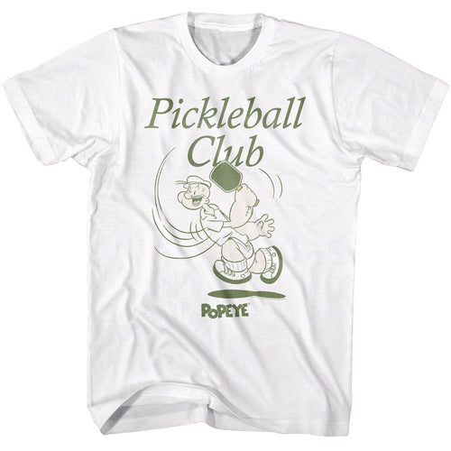 White Popeye t-shirt featuring a Popeye Pickleball Club design