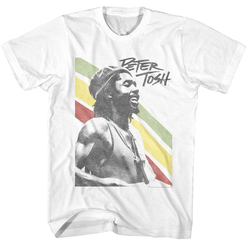 White Peter Tosh t-shirt featuring a Peter Tosh Rasta Stripes design