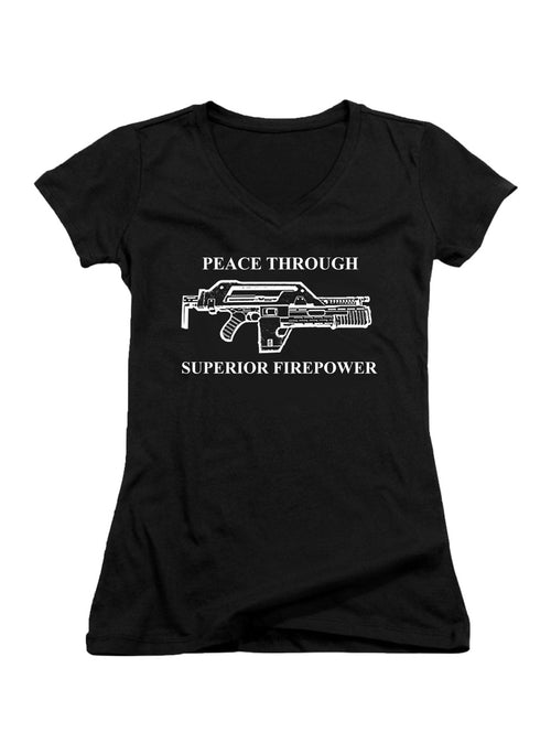 Black Peace Through Superior Firepower Juniors V-Neck T-Shirt