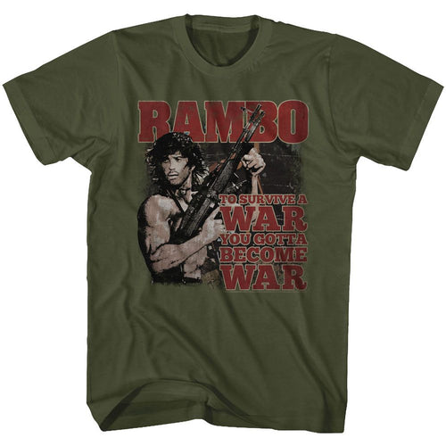 Military Green Rambo t-shirt featuring a Become War design