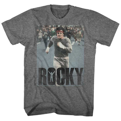 Graphite Heather Rocky t-shirt featuring a Rocky Am Doing a Run design