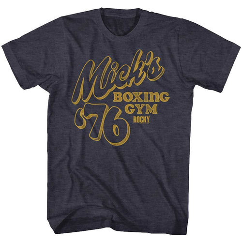 Navy Heather Rocky t-shirt featuring a Mick's Gym design