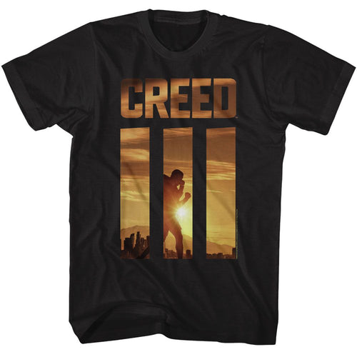 Black Rocky t-shirt featuring a Rocky Rocky Creed 3 Sunrise design
