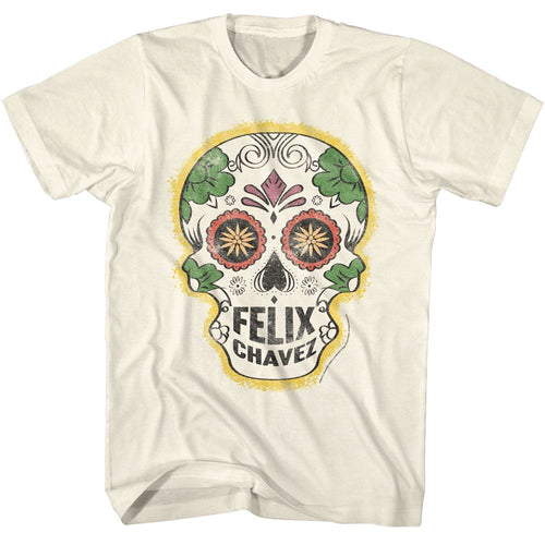 Natural Rocky t-shirt featuring a Rocky Rocky Felix Chavez Skull design