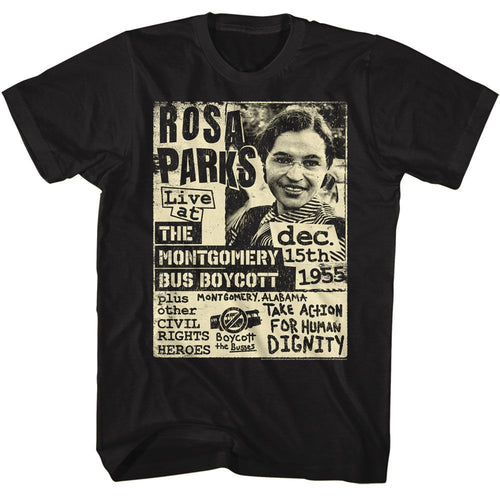 Black Rosa Parks t-shirt featuring a Bus Boycott flyer design