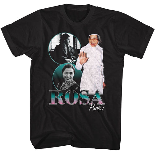 Black Rosa Parks t-shirt featuring a Rosa Parks collage design