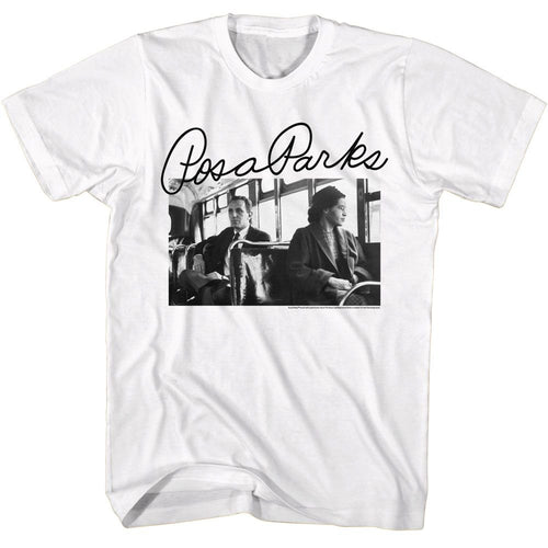 White Rosa Parks t-shirt featuring a photo and signature design