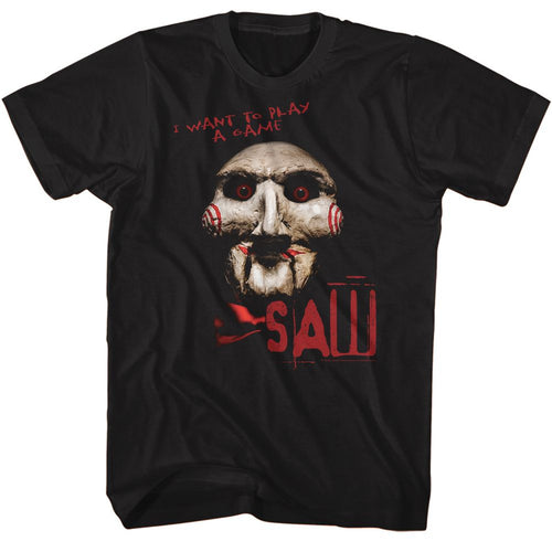 Black Saw t-shirt featuring an I Want to Play design