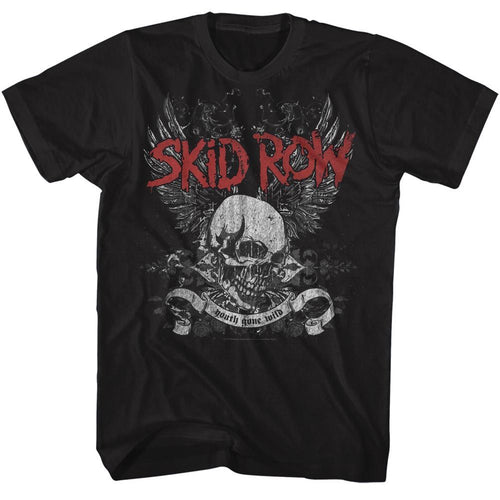 Black Skid Row t-shirt featuring a Skull and Wings design