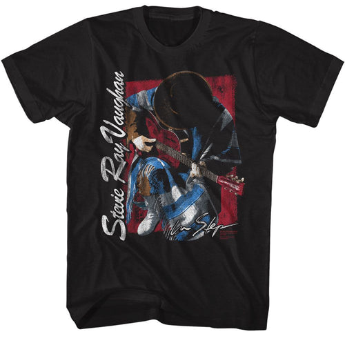 Black Stevie Ray Vaughan t-shirt featuring a Stevie Ray Vaughan kneeling design
