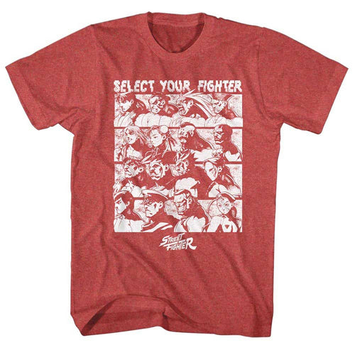 Red Heather Street Fighter t-shirt featuring a Street Fighter Select Screen design