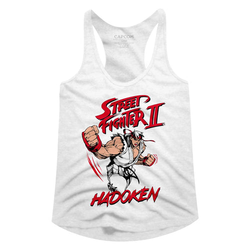Street Fighter Ladies Racerback - Hadoken - White Design