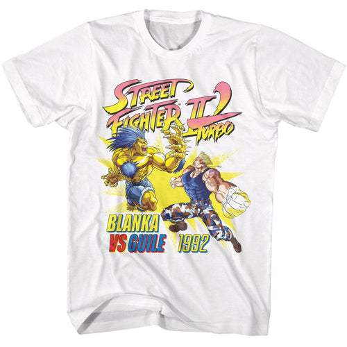 White Street Fighter t-shirt featuring a Street Fighter Street Fighter Blanka vs Guile 92 design