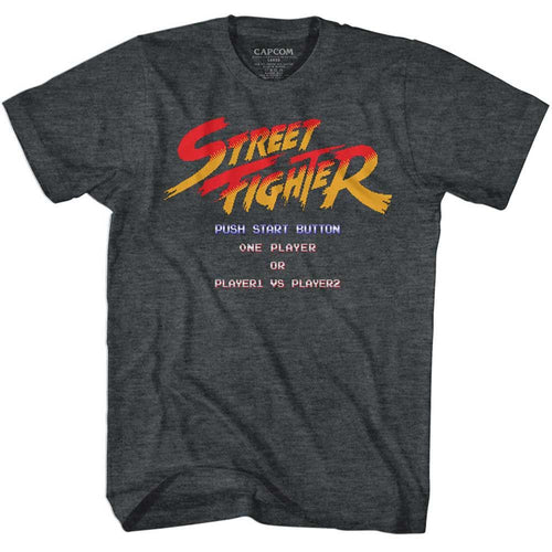 Black Heather Street Fighter t-shirt featuring a Street Fighter Start Screen design