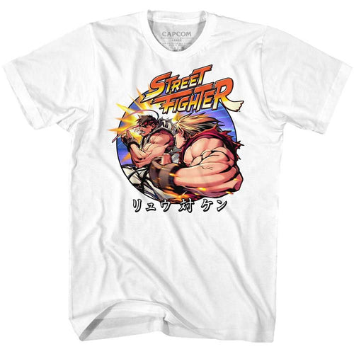 White Street Fighter t-shirt featuring a Street Fighter Ryu vs Ken design