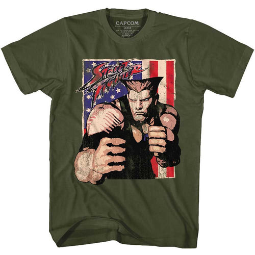 Military Green Street Fighter t-shirt featuring a Guile design