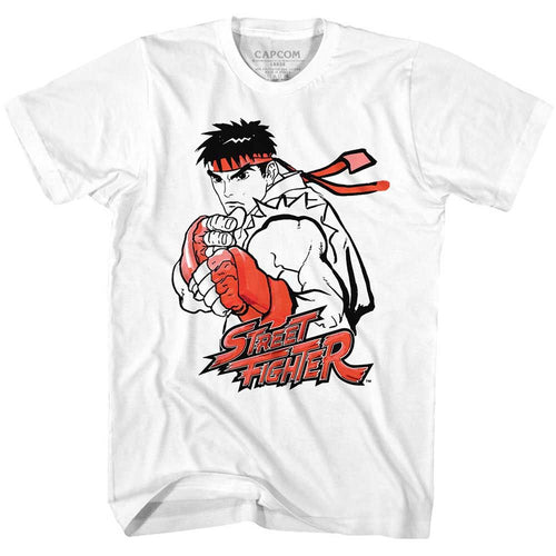 White Street Fighter t-shirt featuring a Street Fighter Ryu Red design